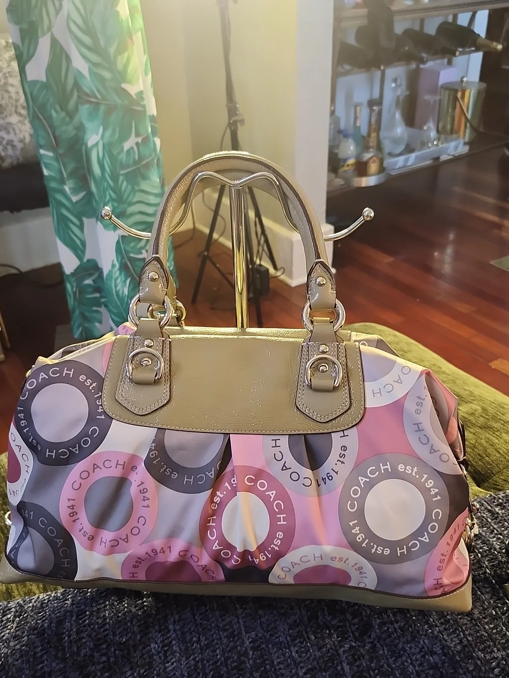 Coach Ashley Snaphead Satchel W/Pink & Olive Circle-Print Satin & Patent Trim - Picture 6 of 16